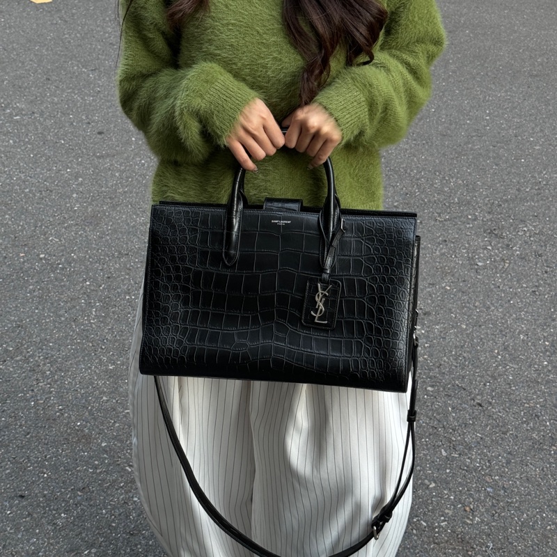 (超新💝) YSL 聖羅蘭 全黑鱷魚紋 托特+手提+斜背包 專櫃13.6萬!-35