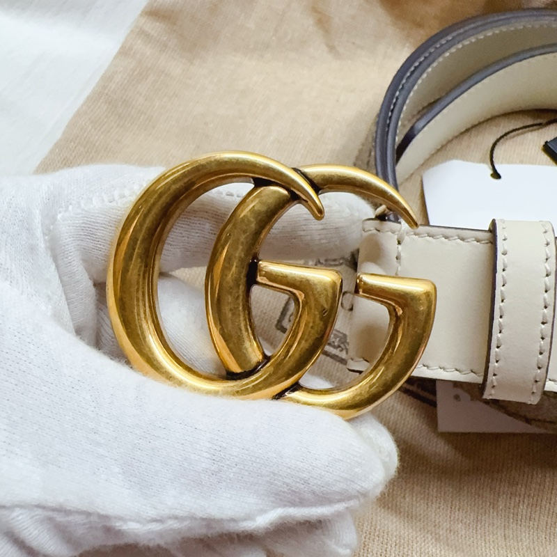 全新Gucci Marmont 奶白拼接老花皮帶 GG皮帶-1