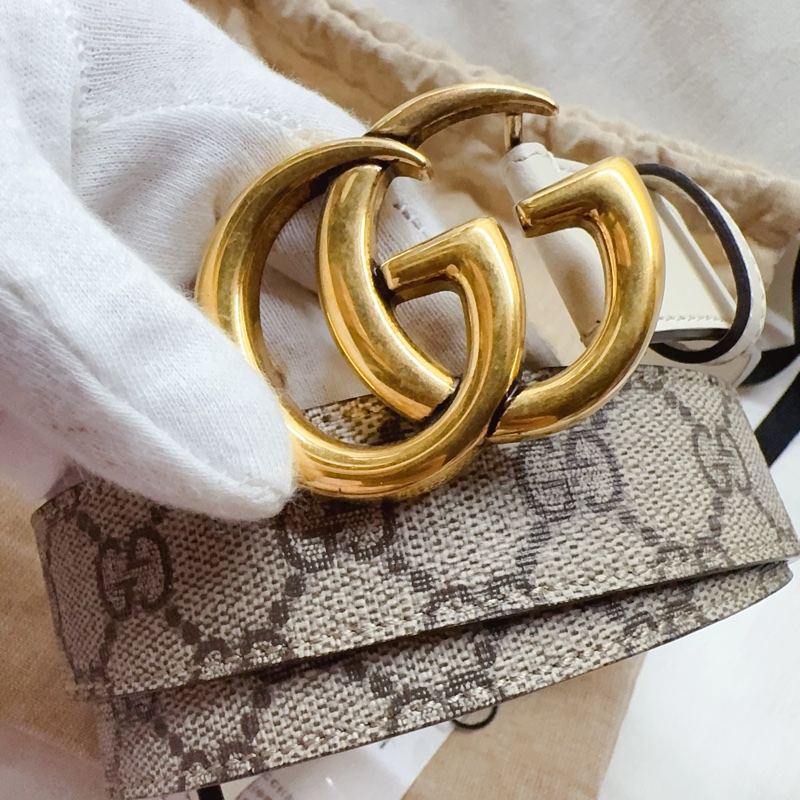 全新Gucci Marmont 奶白拼接老花皮帶 GG皮帶-2