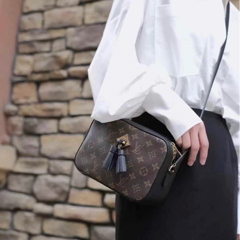 LV Saintonge老花拼黑色牛皮流蘇相機包-8