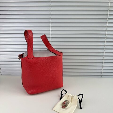 Hermes 愛馬仕 菜籃子紅色銀扣 18寸