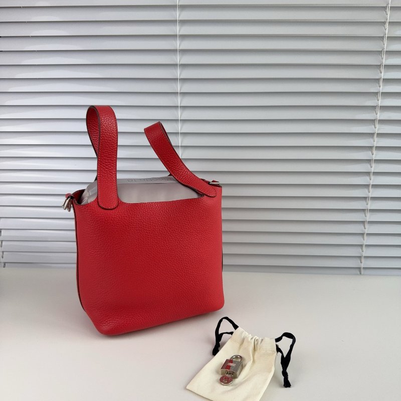 Hermes 愛馬仕 菜籃子紅色銀扣 18寸-0