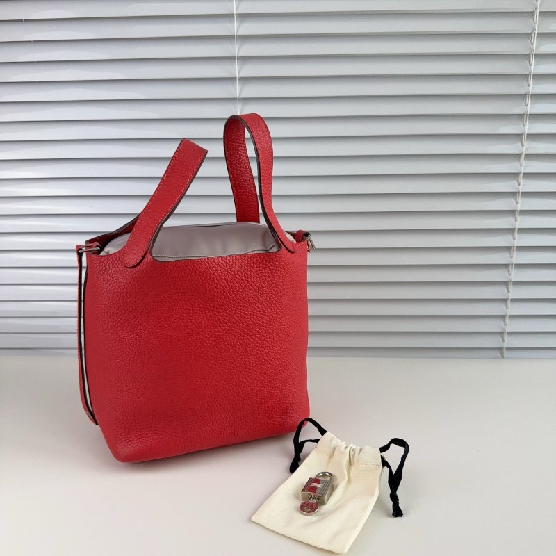 Hermes 愛馬仕 菜籃子紅色銀扣 18寸-1