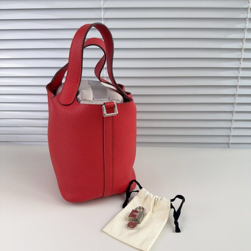 Hermes 愛馬仕 菜籃子紅色銀扣 18寸-3