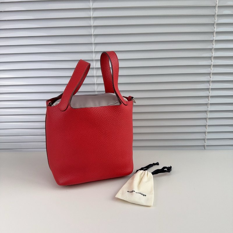 Hermes 愛馬仕 菜籃子紅色銀扣 18寸-8