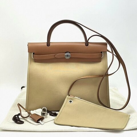 HERMES 帆布拼皮herbag31子母手提斜背包 31*25*11 98新配件塵袋鎖鑰匙