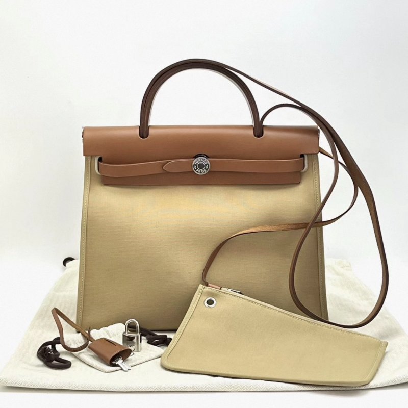 HERMES 帆布拼皮herbag31子母手提斜背包 31*25*11 98新配件塵袋鎖鑰匙-0