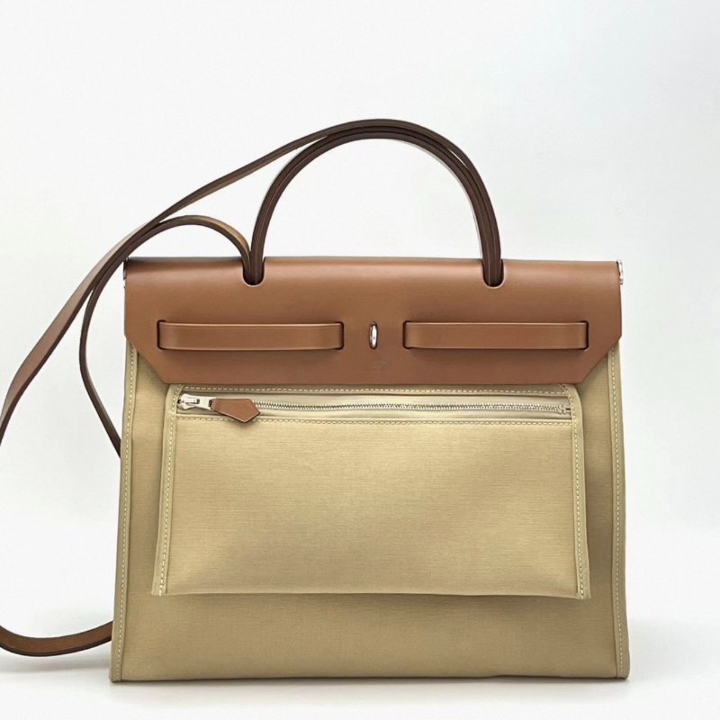 HERMES 帆布拼皮herbag31子母手提斜背包 31*25*11 98新配件塵袋鎖鑰匙-3