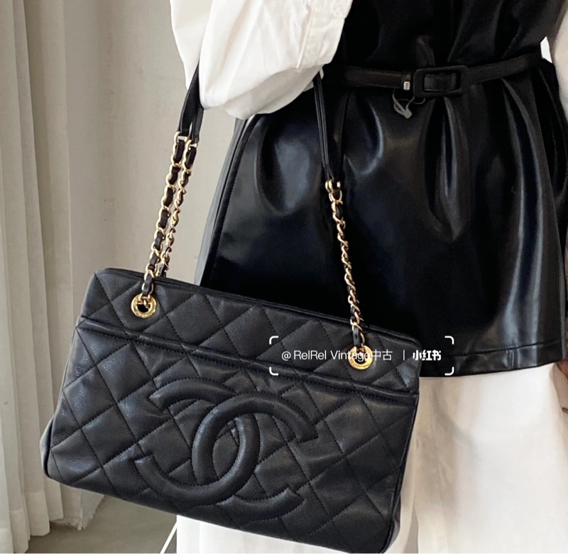 🉑肩背 #荔枝皮 #全網最低💰 香奈兒大雙c logo黑金托特包-1