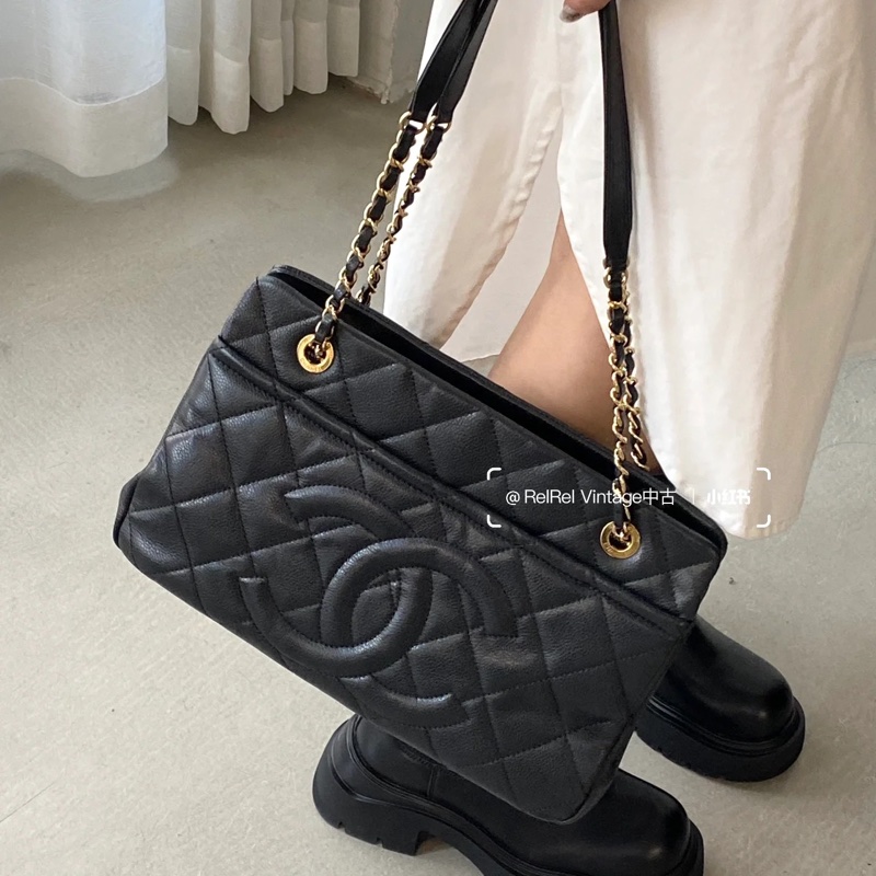 🉑肩背 #荔枝皮 #全網最低💰 香奈兒大雙c logo黑金托特包-2