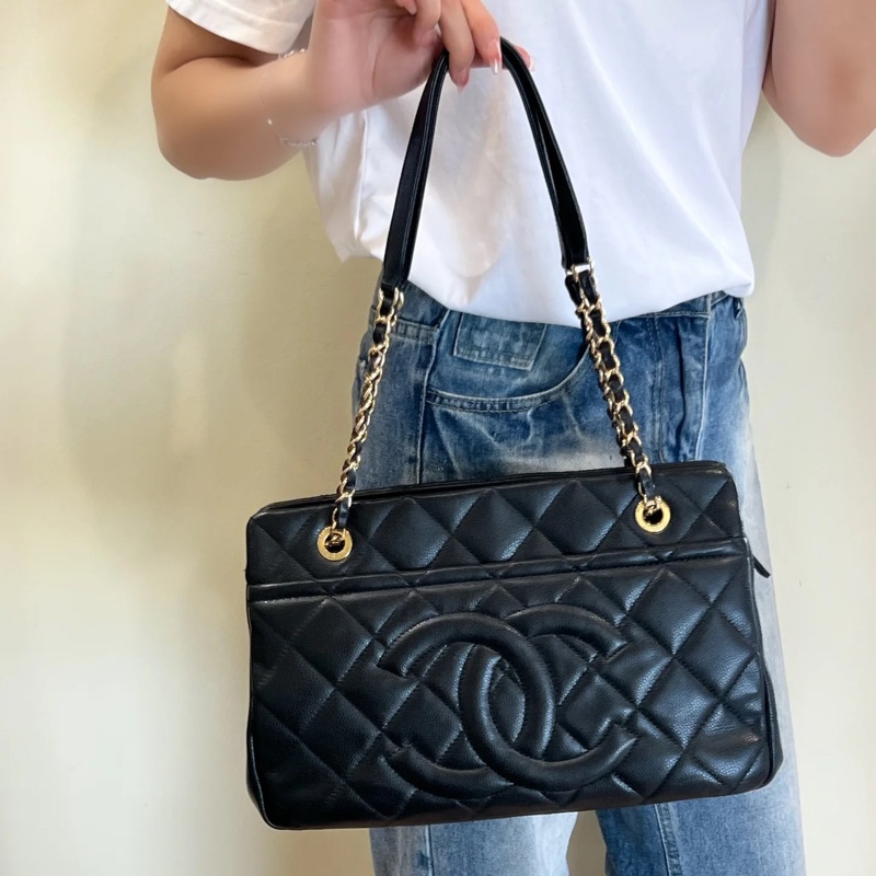 🉑肩背 #荔枝皮 #全網最低💰 香奈兒大雙c logo黑金托特包-3