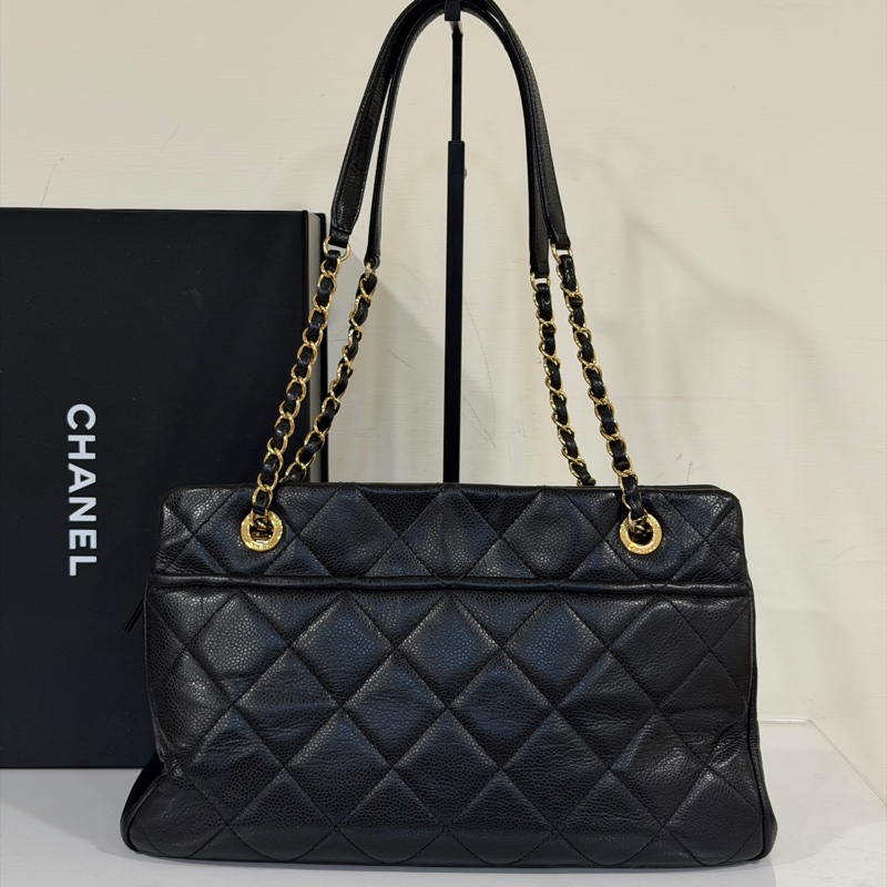 🉑肩背 #荔枝皮 #全網最低💰 香奈兒大雙c logo黑金托特包-5