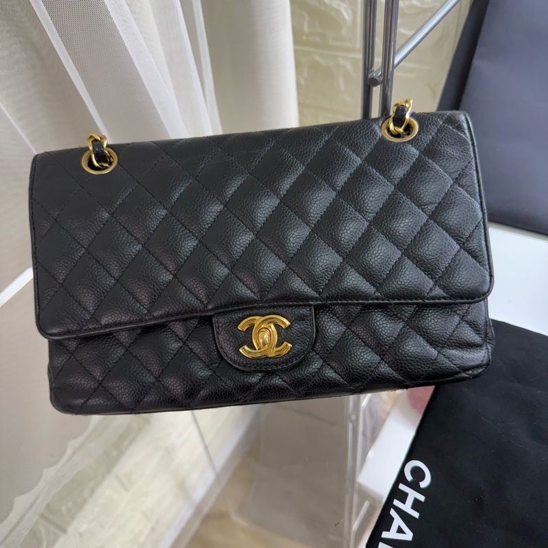 Chanel 香奈兒黑金魚子醬中號雙蓋cf鏈條包-0