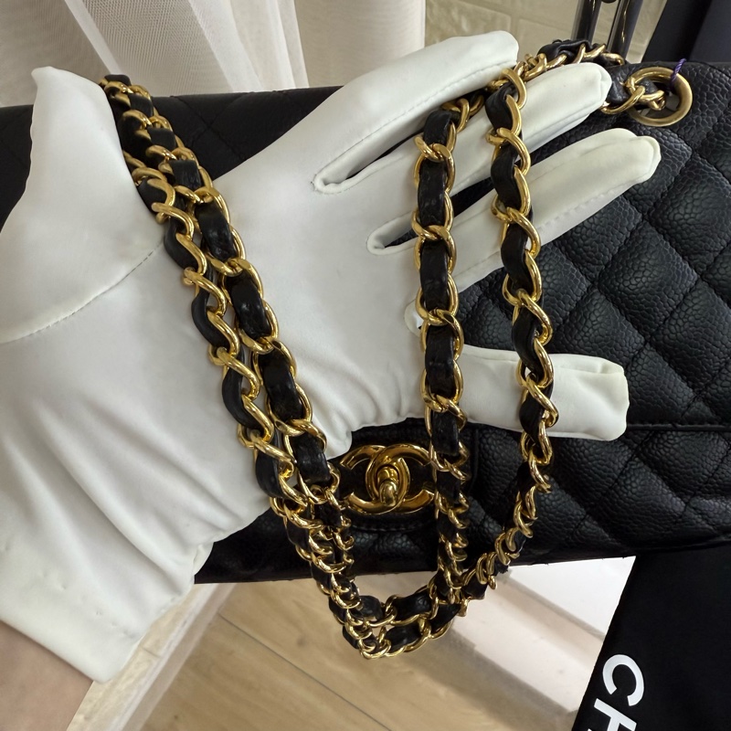 Chanel 香奈兒黑金魚子醬中號雙蓋cf鏈條包-4