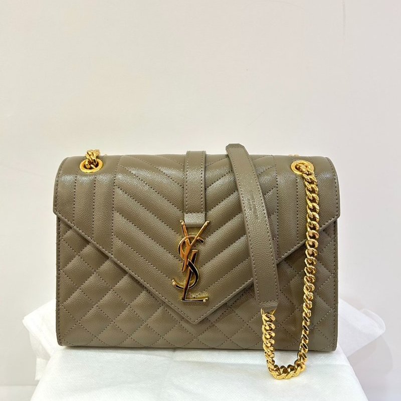 YSL棕荔枝牛皮金釦郵差包-0