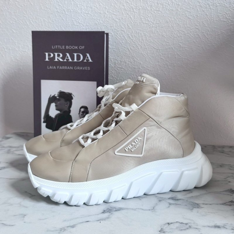 PRADA 奶茶色尼龍高筒運動鞋-0
