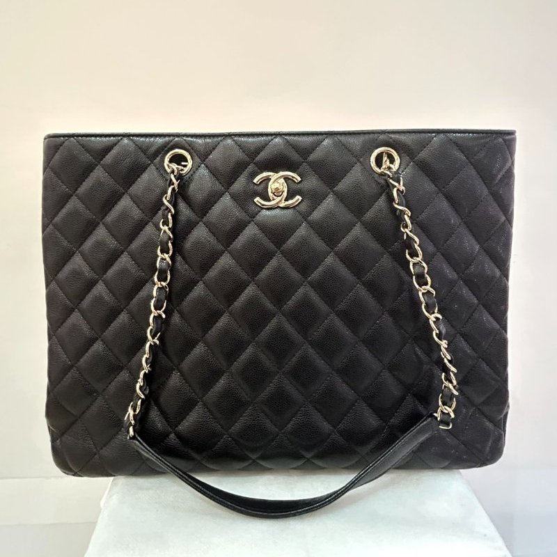 CHANEL黑荔枝牛皮香檳金釦GST TOTE-0