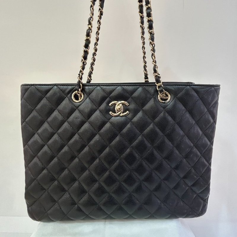 CHANEL黑荔枝牛皮香檳金釦GST TOTE-1