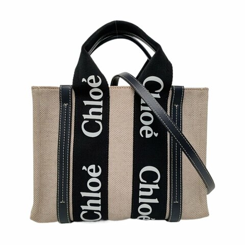 Chloé Woody 小號 米色織物提花單肩包手提包斜挎包 銀色五金 可拆卸肩帶 9.8新