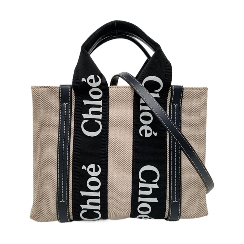 Chloé Woody 小號 米色織物提花單肩包手提包斜挎包 銀色五金 可拆卸肩帶 9.8新-0
