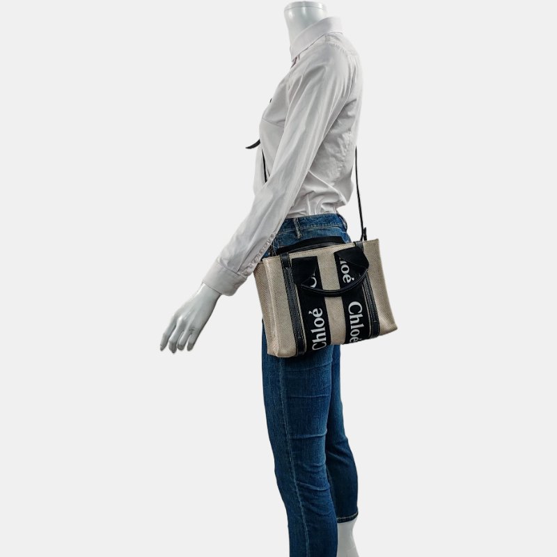 Chloé Woody 小號 米色織物提花單肩包手提包斜挎包 銀色五金 可拆卸肩帶 9.8新-1