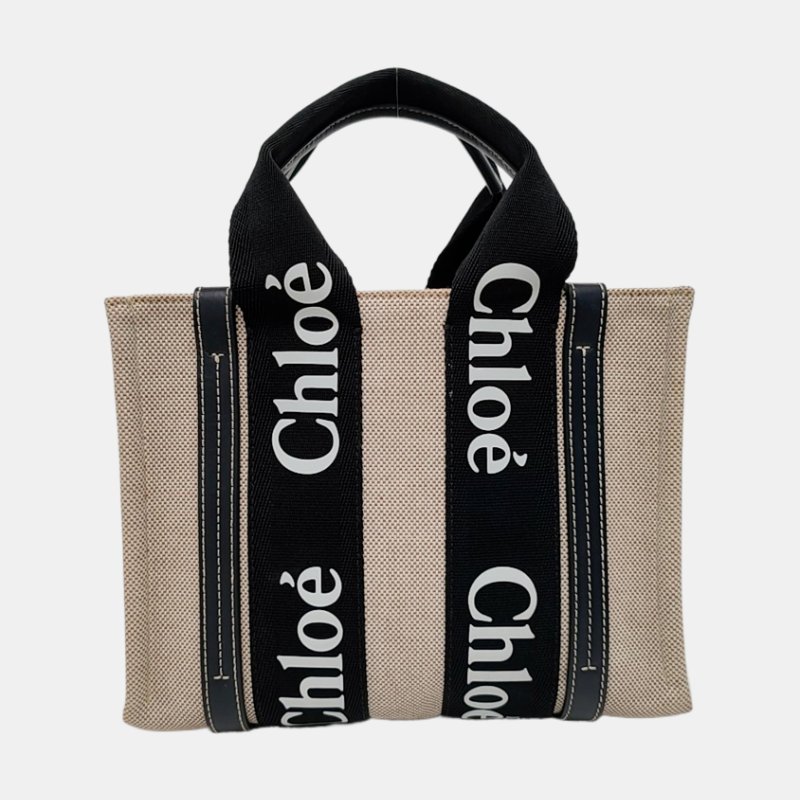 Chloé Woody 小號 米色織物提花單肩包手提包斜挎包 銀色五金 可拆卸肩帶 9.8新-4