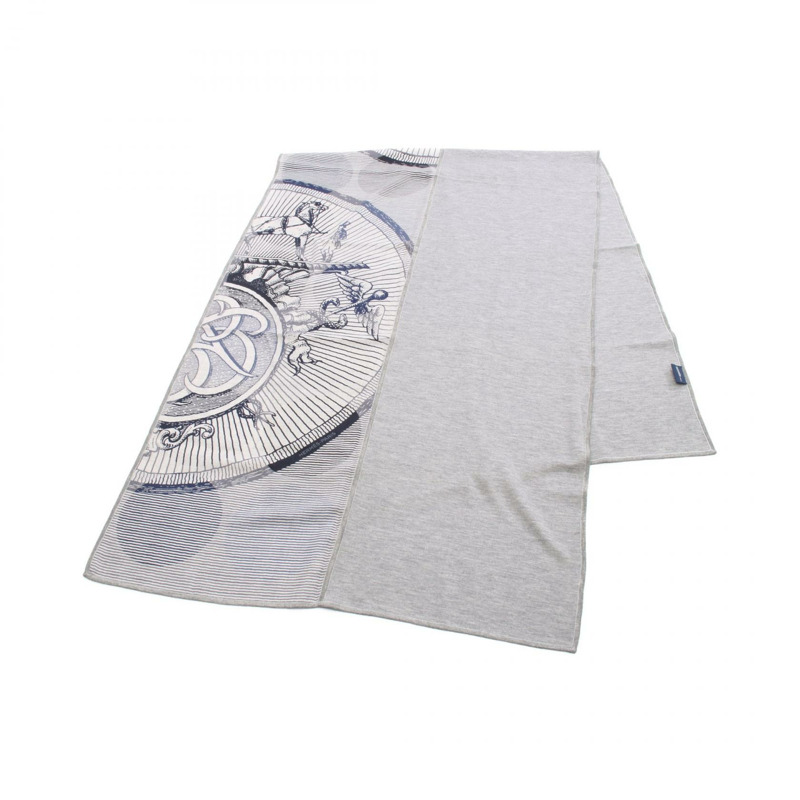 愛馬仕 EX LIBRIS 披肩圍巾圍巾披肩真絲羊絨灰色海軍藍二手女款-0