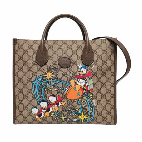 GUCCI Disney X Gucci米色塗層帆布老花印花單肩包手提包 金色五金 9.8新