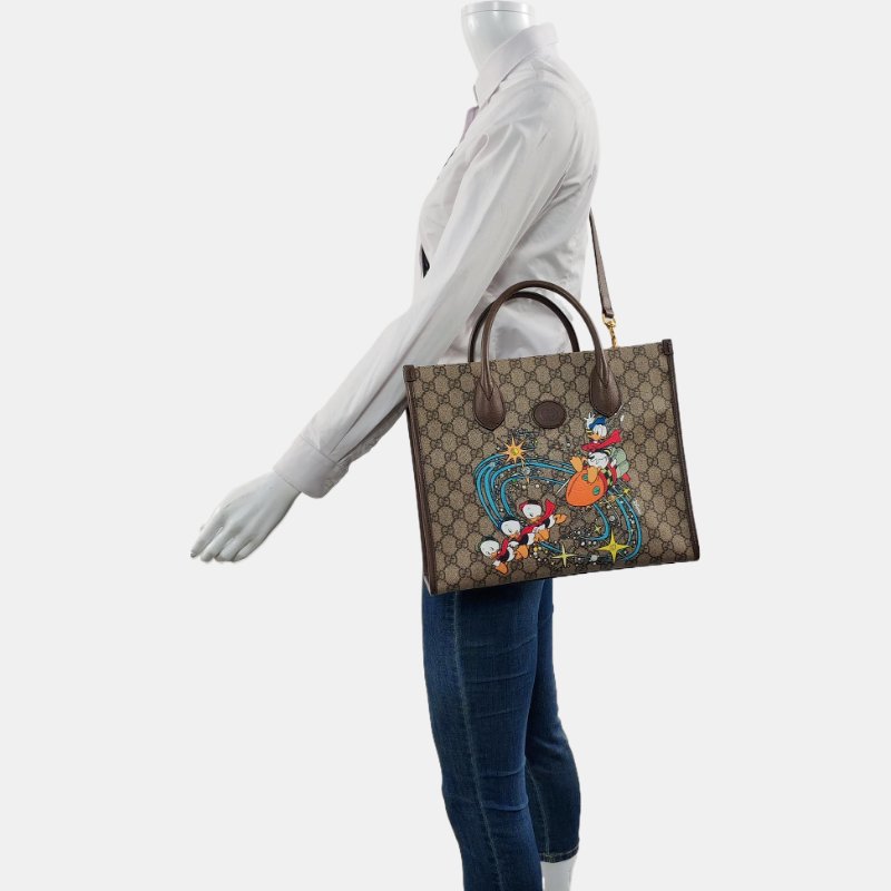 GUCCI Disney X Gucci米色塗層帆布老花印花單肩包手提包 金色五金 9.8新-1