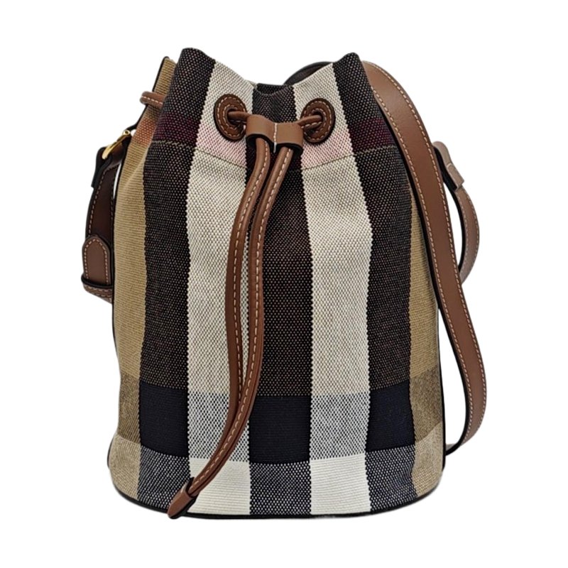 BURBERRY 水桶包棕色帆布單肩包斜挎包 金色五金 9.8新-0