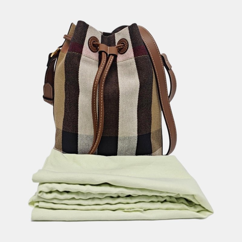 BURBERRY 水桶包棕色帆布單肩包斜挎包 金色五金 9.8新-7