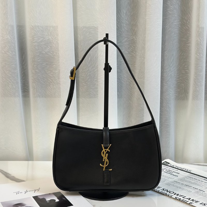 YSL Le 5 A 7滑面牛皮腋下Hobo - 黑金-0