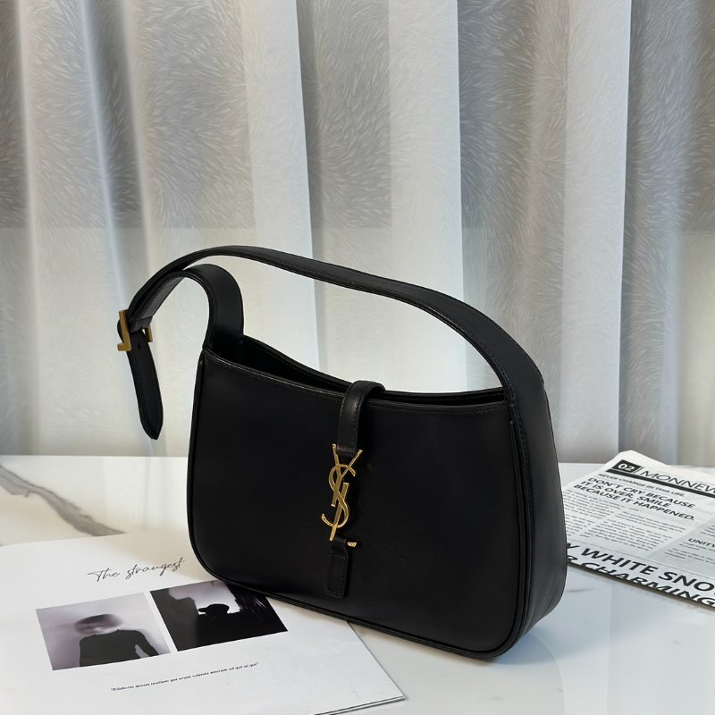 YSL Le 5 A 7滑面牛皮腋下Hobo - 黑金-3