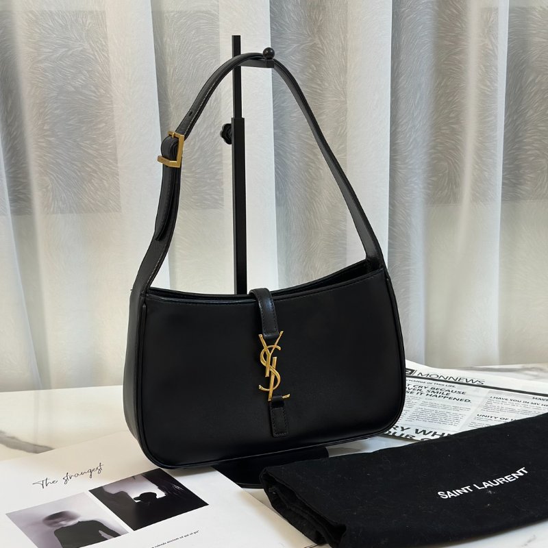 YSL Le 5 A 7滑面牛皮腋下Hobo - 黑金-7