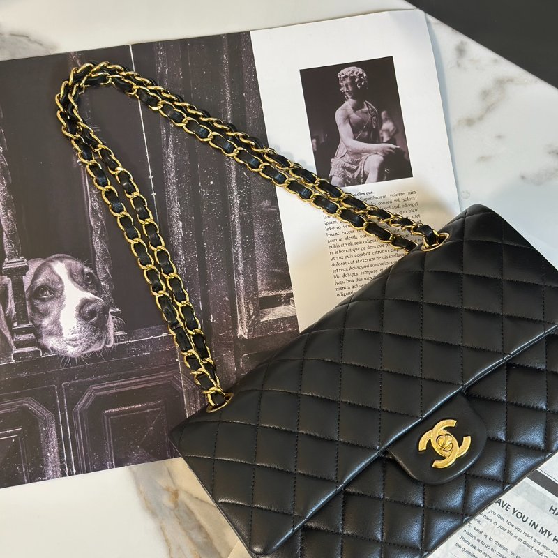 CHANEL 經典口蓋包 CF25 - 羊皮黑金26開-6