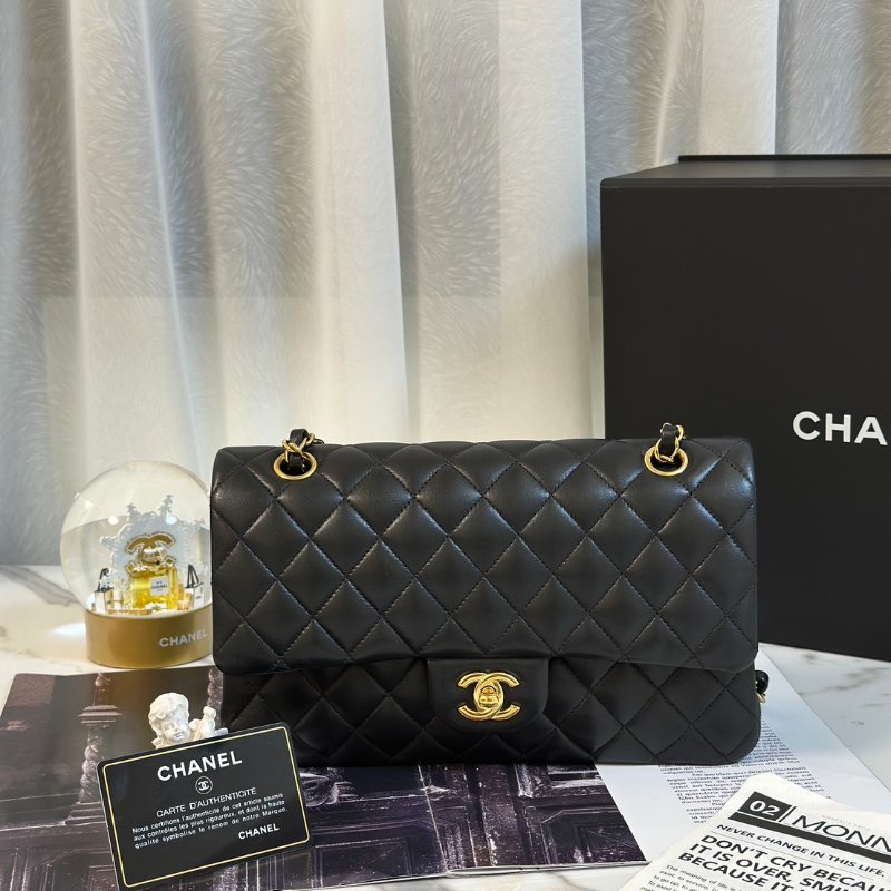CHANEL 經典口蓋包 CF25 - 羊皮黑金26開-8