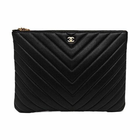 CHANEL 黑色荔枝紋牛皮絎縫V紋手拿包 金色五金 25開