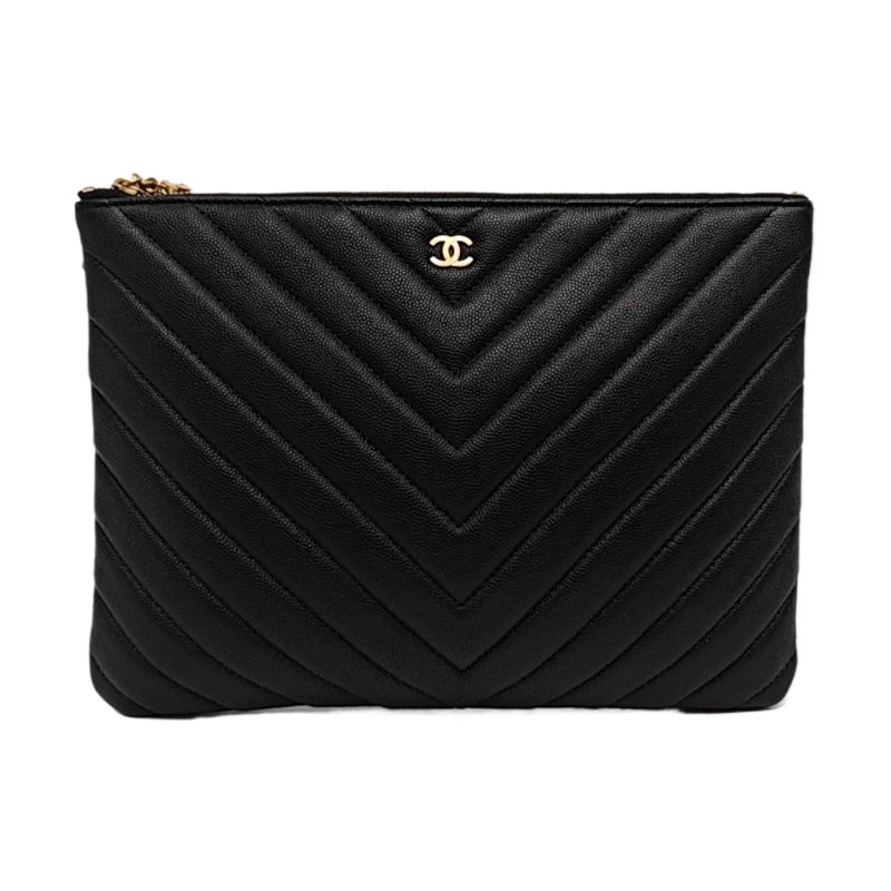 CHANEL 黑色荔枝紋牛皮絎縫V紋手拿包 金色五金 25開-0