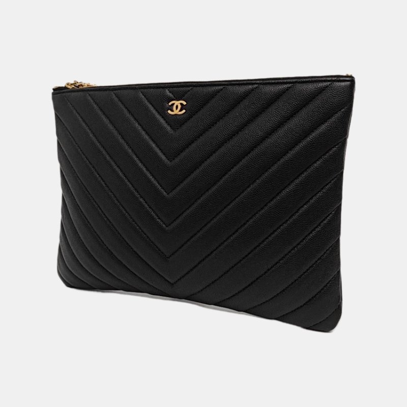 CHANEL 黑色荔枝紋牛皮絎縫V紋手拿包 金色五金 25開-2