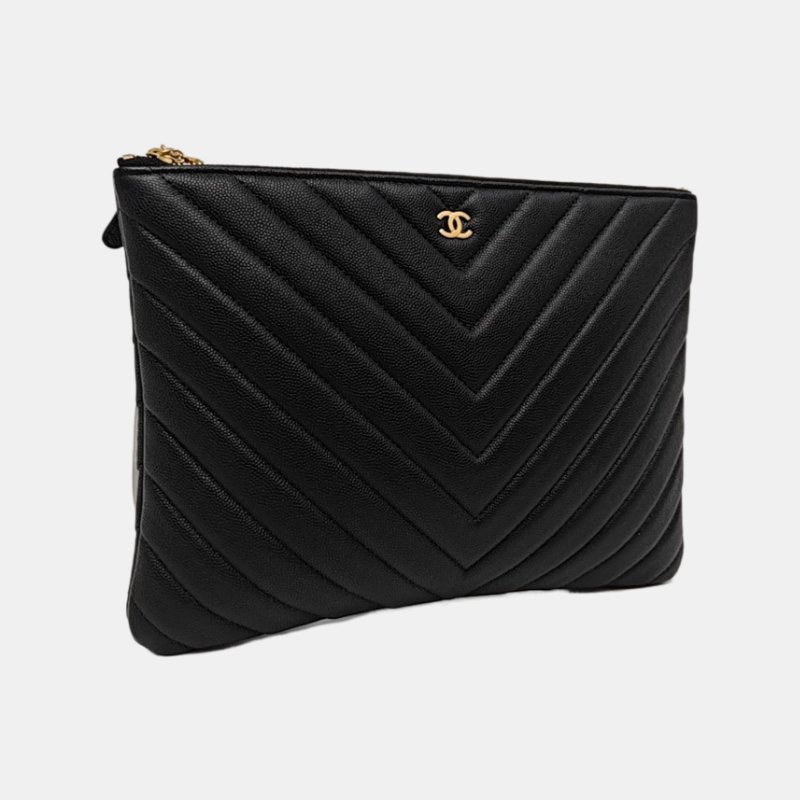 CHANEL 黑色荔枝紋牛皮絎縫V紋手拿包 金色五金 25開-3