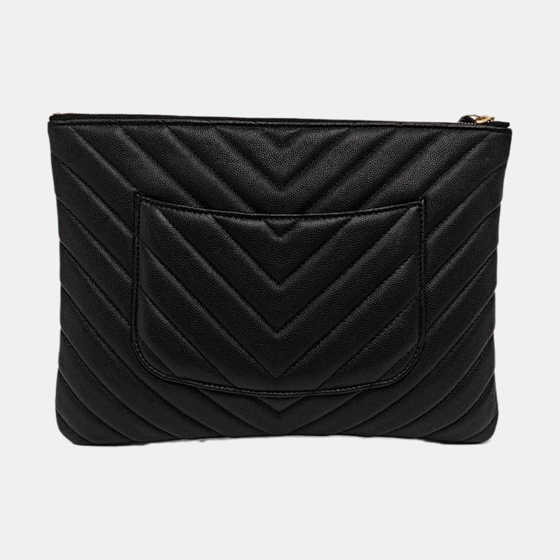 CHANEL 黑色荔枝紋牛皮絎縫V紋手拿包 金色五金 25開-4