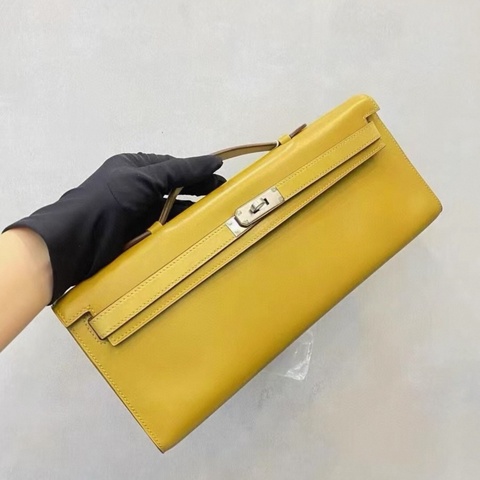 Hermes kelly cut 芥末黃 銀扣 L刻