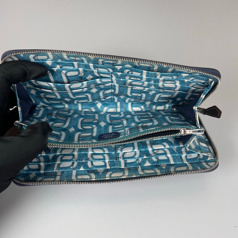 HERMES □O刻 藍色絲巾長夾-5