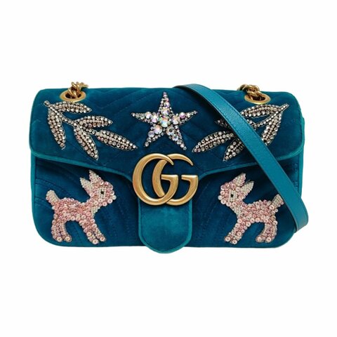 GUCCI GG Marmont 小號藍色絲絨印花絎縫單肩包斜挎包 金色五金 配件齊全