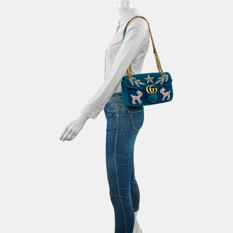 GUCCI GG Marmont 小號藍色絲絨印花絎縫單肩包斜挎包 金色五金 配件齊全-1