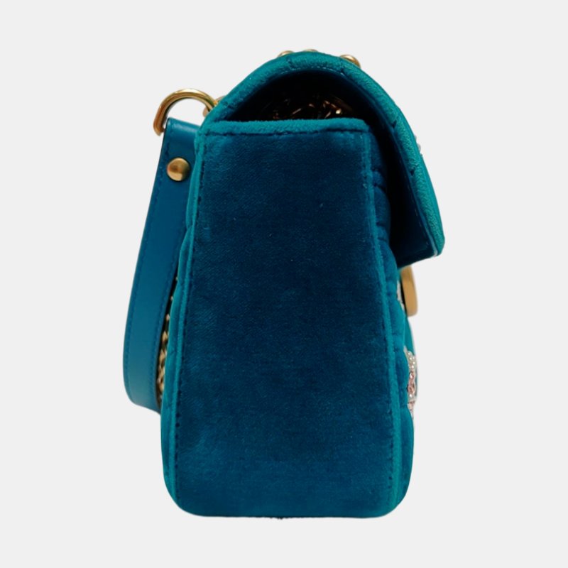 GUCCI GG Marmont 小號藍色絲絨印花絎縫單肩包斜挎包 金色五金 配件齊全-3