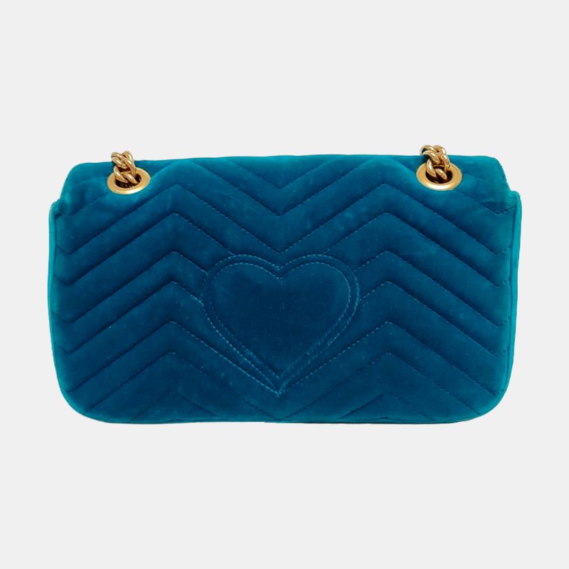 GUCCI GG Marmont 小號藍色絲絨印花絎縫單肩包斜挎包 金色五金 配件齊全-4