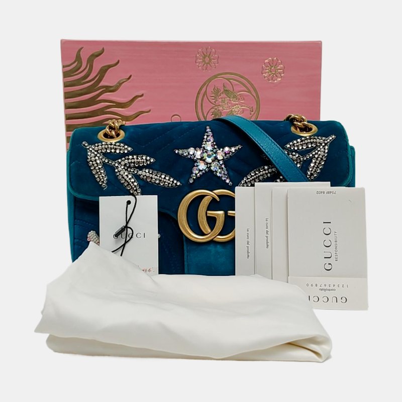 GUCCI GG Marmont 小號藍色絲絨印花絎縫單肩包斜挎包 金色五金 配件齊全-7