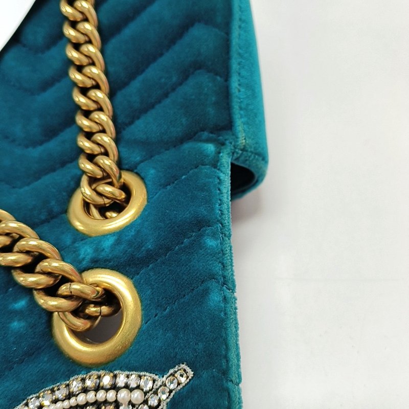 GUCCI GG Marmont 小號藍色絲絨印花絎縫單肩包斜挎包 金色五金 配件齊全-9