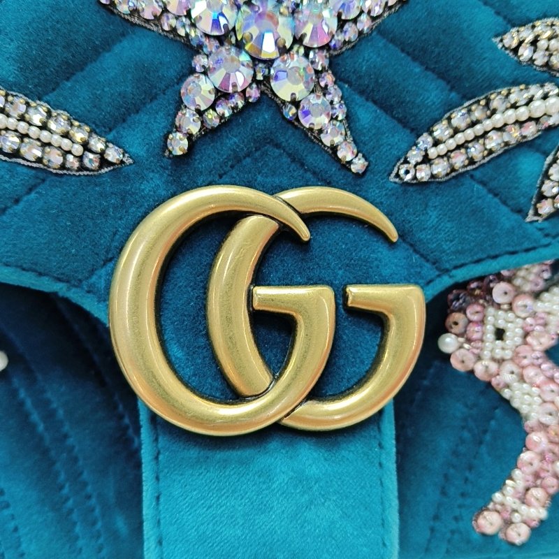 GUCCI GG Marmont 小號藍色絲絨印花絎縫單肩包斜挎包 金色五金 配件齊全-10